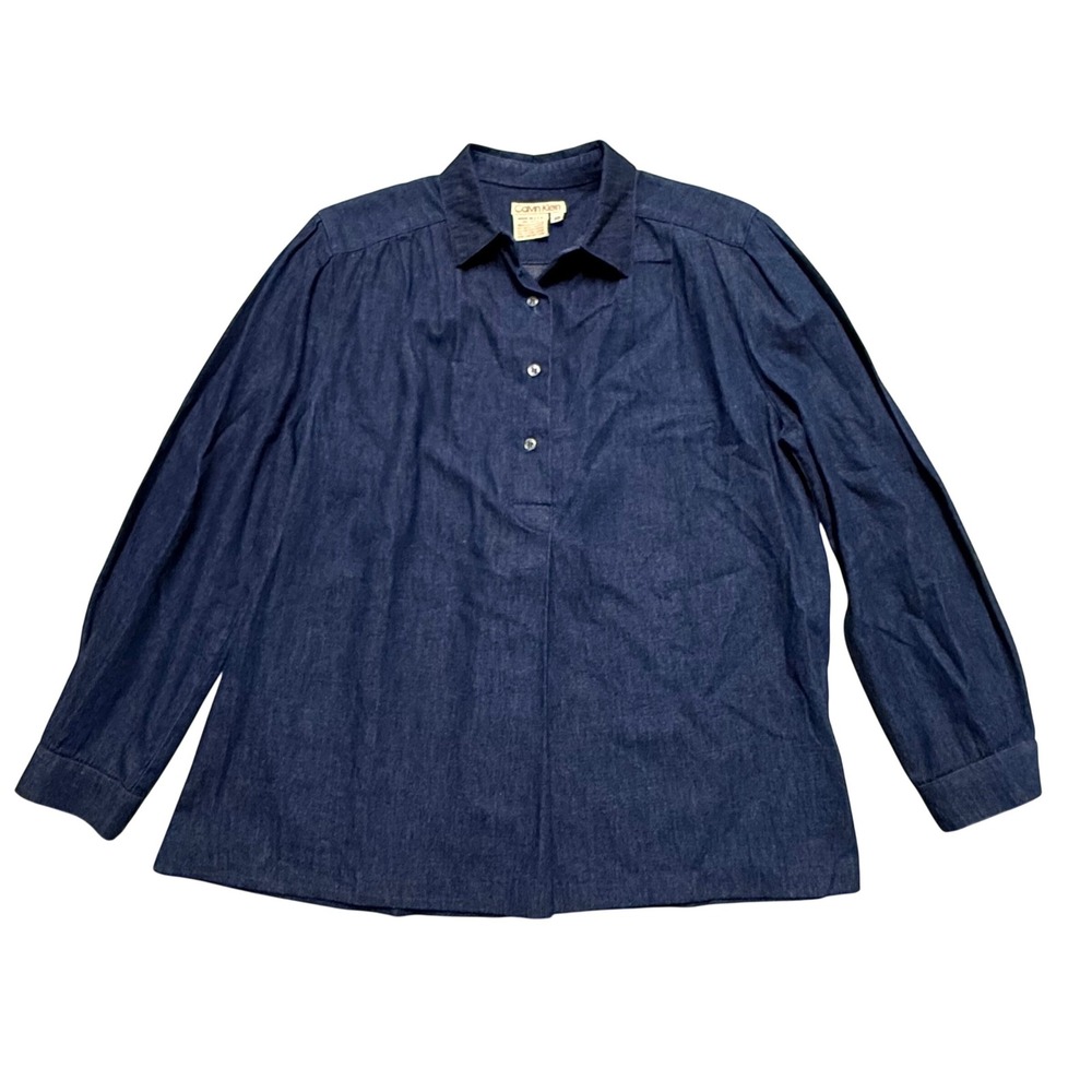 Vintage Calvin Klein Denim Blouse Made in USA Indigo Cotton Popover Shirt Sz 10